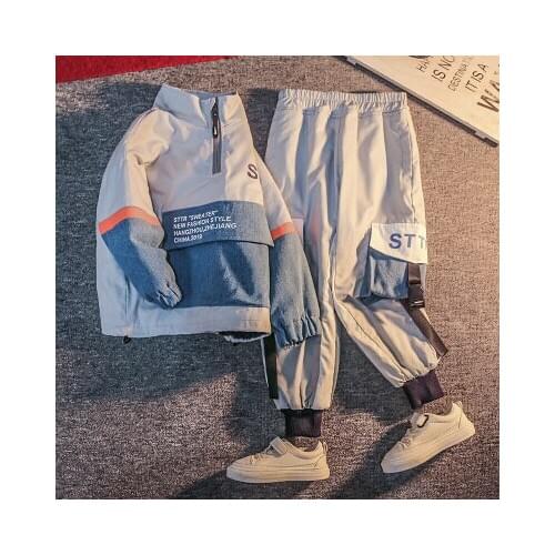 Autumn Winter Patchwork Children Clothes Suits Fleece Warm Big Pockets Hoodies+Pants Kids Two Piece Suits Boys Winter Clothes