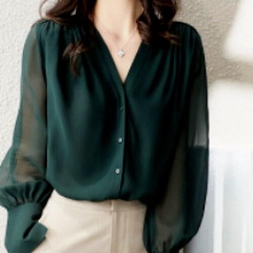 Autumn Long Sleeve Blouse Women 2021 Solid Shirt Womens V Neck Button Up Top Female Blusas Silk Cardigan Women Elegant 16105