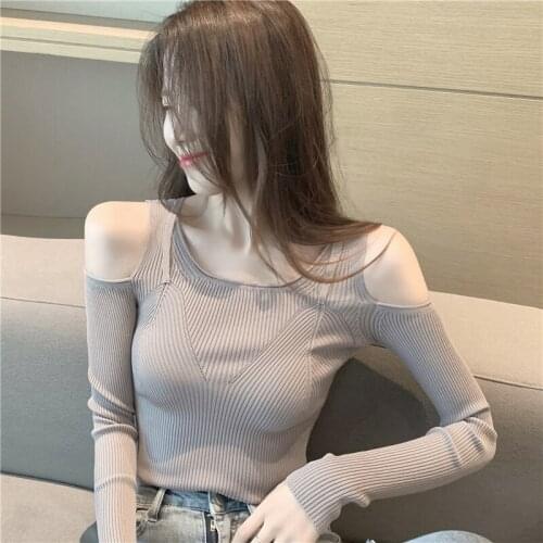 Sexy Off Shoulder Knit Women Shirt Fashion Slim Black T-shirts Fashion Bottoming Tops 2021 Fall Korean