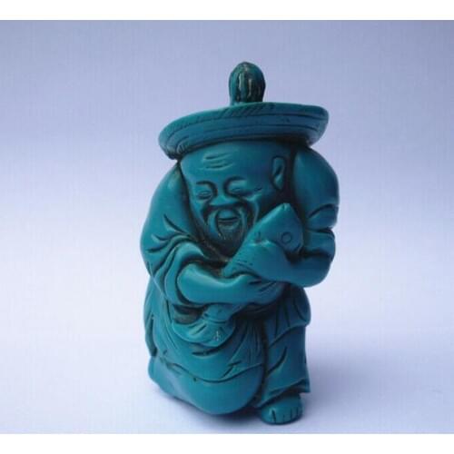 Rare Collectable Turquoise Fisherman Perfume Snuff Bottles Fish And Man Wealth Success Statue