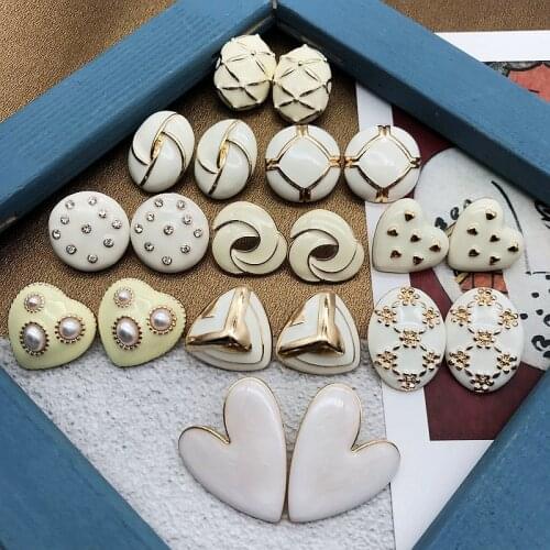 White Ivory Oil Painting Earrings Stud Lovely Heart Round Oval Shape Flower Pattern Accessories Femme Brincos Mujer3.25