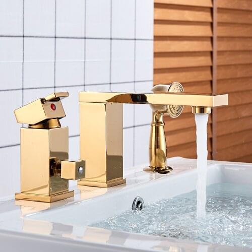 Solid Brass Golden/Chrome/4 color Polish 3pcs Bathroom Faucet Vessel Sink Faucet Deck Mounted Mixer Tap Hot and Cold Water