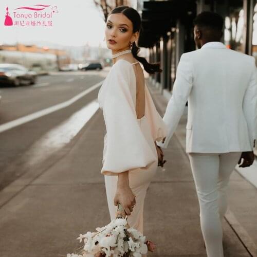 Lantern Sleeve Wedding Dresses Deep V-Neck Tea Length Bridal Gowns Backless Simple Engagement Noivas ZW436