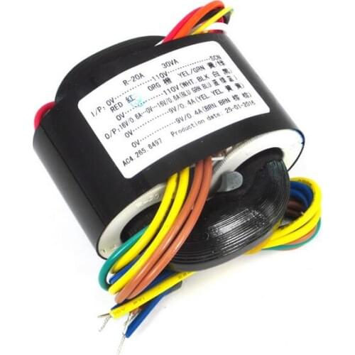 30W High Quality R-Core Transformer Input AC 0-110V*2 SCN(5 wires) Output AC 16V+16V(0.6A, 3 wires), AC 9V+9V(0.4A, 4 wire