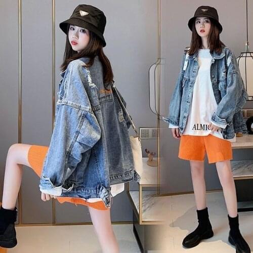 2020s New Spring Hole Denim Cropped Jacket Womens Spring and Autumn Loose Korean Spring Net Red Denim BF Wind