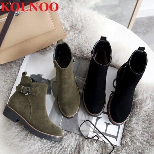 Kolnoo Handmade Womens Flats Boots Thick-Sole Buckle Deco British Style Short Ankle Boots Large Size 34-44 Fashion Winter Shoes