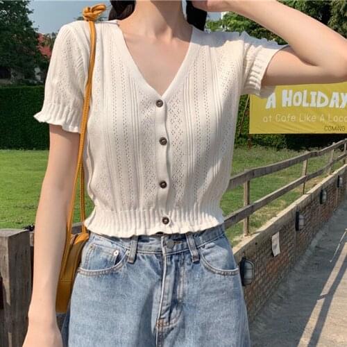 Women Knitted T-shirts V-Neck Button Up Tees Short Sleeve Casual Crop Tops For Women 2021 Summer T-Shirts fashion top bad girl