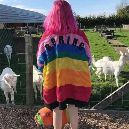 2021 Autumn Harajuku Cardigan Women Striped Rainbow Sweater Coat Female Loose Sweaters Letter Embroidery Jumper Cardigans