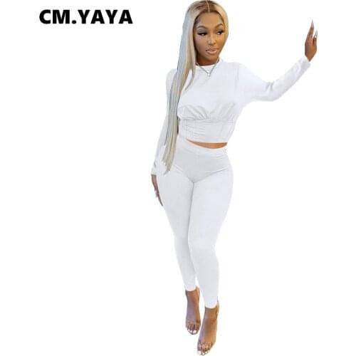 CM.YAYA Women Set Solid Full Sleeve O-neck Crop Tops Stretchy Pencil Pants Two 2 Piece Set Active Tracksuit Fashion Outfits Fall