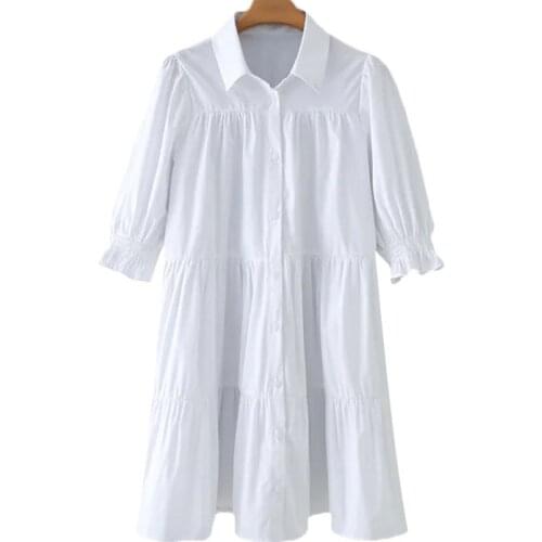 Women 2021 Sweet Fashion Button-up Ruffled Mini Dress Vintage Lapel Collar Puff Sleeve Female Dresses Vestidos Mujer