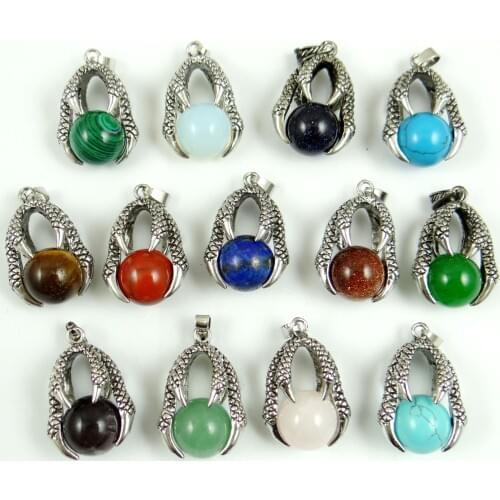 Natural Quartz crystal lapis tiger eye Mix Round Stone Bead Dragon Claw Wrap Pendants for diy Jewelry making Necklace 10PC