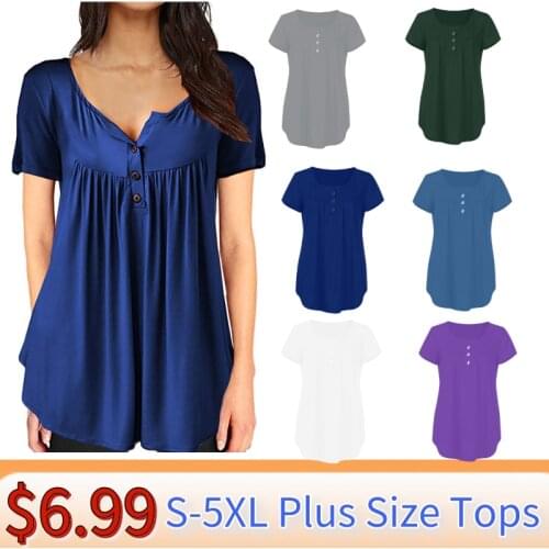 5xl Plus Size Blouse White Shirts And Tops For Women Sexy V-neck Solid Short Sleeve Pleated Ruffle Tunic Buttons Shirt Рубашка