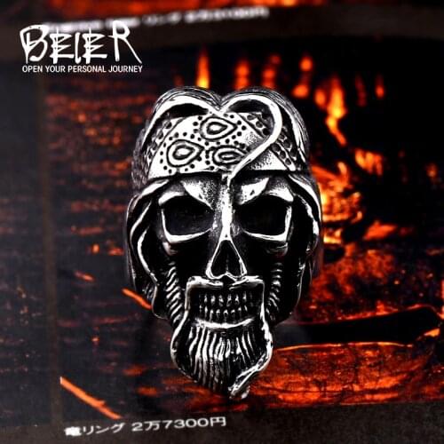 BEIER 316L Stainless Steel Senior citizens Face Mens Ring Punk Skull Prophet Turban Bearded Fashion Jewelry LLBR8-662R