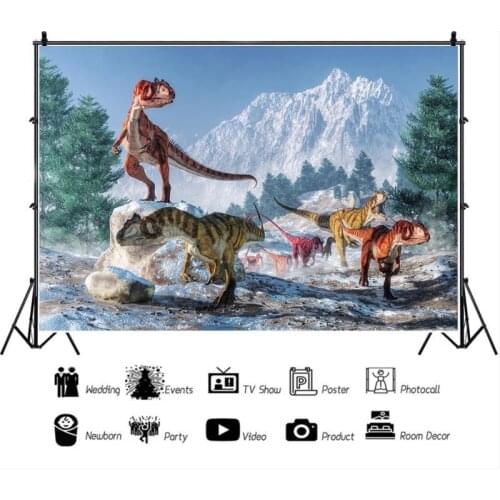 Dinosaur Running Under The Snow Mountain Cartoon Background Child Birthday Party Decoration Studio Photography Scene Backdrop