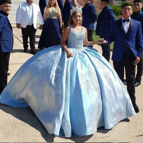 Elegant quinceanera dress Sleeveless sweet 16 dresses blue ball gown girl pageant Gown beaded lace Adult Prom party Dress