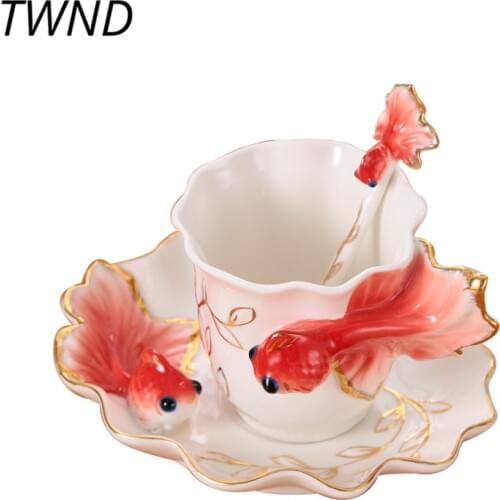 Enamel Goldfish Coffee Mugs Tea Cups With Saucer Spoon Creative Porcelain Drinkware