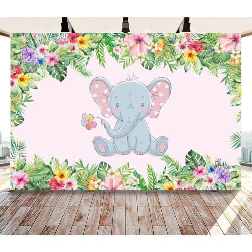Spring Jungle Forest Cute Little Elephant Baby Shower Photography Backdrops Floral Pattern Girl Birthday Photo Backgrounds