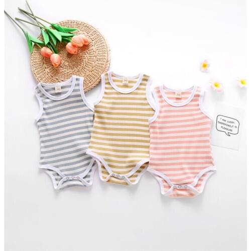 0-24M Boys Girls Romper Cotton Clothes Bosysuit Summer Striped Sleeveless Knitted Jumpsuit Infant Baby Outfit 3 Colors