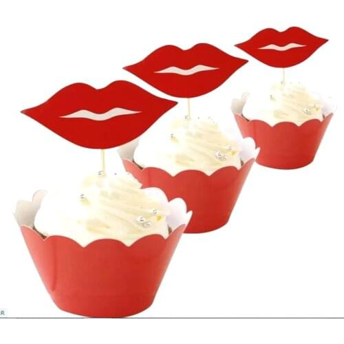 Red Lips Theme Happy Birthday Cup Cake Toppers Cute Wrappers Decorate Woman Supplies Shower Party12PCS/Pack