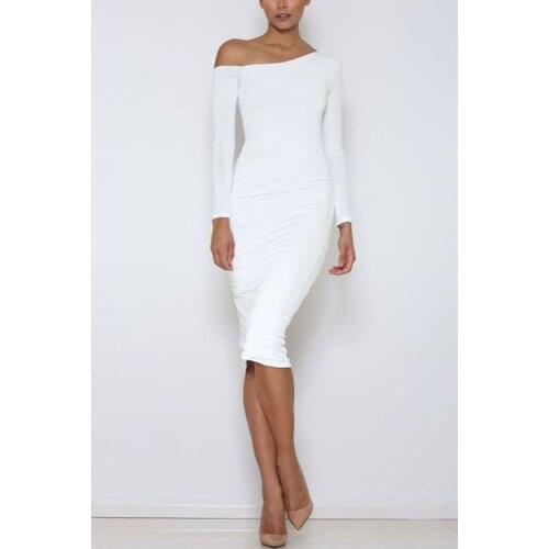 Summer New White One-Shouldered Long Sleeved Long-Length Dress