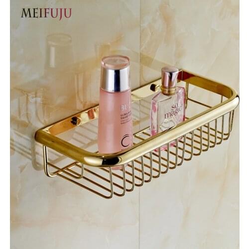 Fashion Shampoo holder 30cm Wall Mounted Strong Brass made and Golden finish single tier bathroom shelf /shelves bathroom basket
