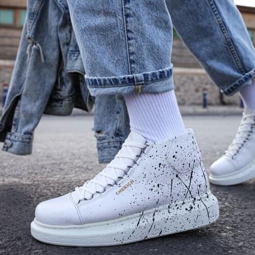 Chekich Mens Boots White Color Black Splash Printed Non Leather Big Sizes Lace Up Fall Winter Seasons Ankle Unisex Shoes Women Comfortable Casual Sneakers Pattern Fashion Warm Snow Orthopedic Sewing Sole CH263 V5