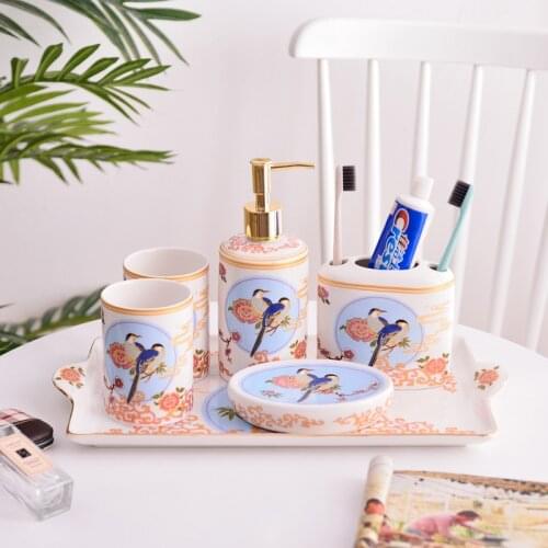 Bathroom Accessorie Set Ceramic Soap Dispenser Toothbrush Holder & Gargle Cup Soap Dishes Lavatory Flower & Birds 5/6 Pieces Set