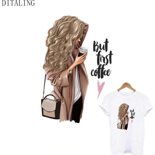 Coffee Girl Sticker On Clothes Heat Transfer Patch Fashion Girl DIY Washable Ironing Sticker Applique For Clothing Custom Patch