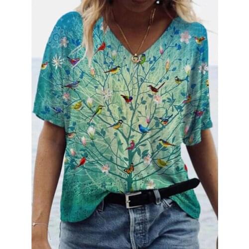 Summer New Womens T-Shirt V-Neck Floral Animal Print Female T-Shirt Casual Loose Patchwork Ladies Tops T-Shirt