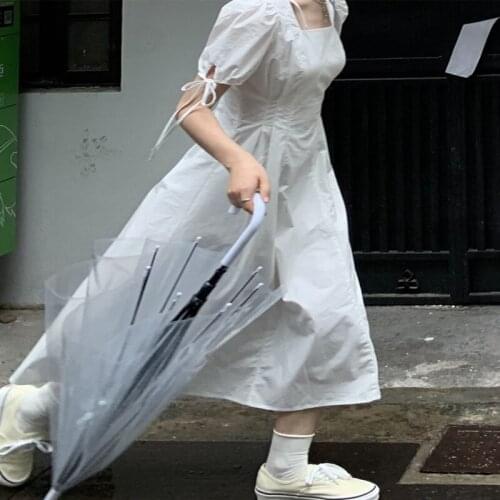 2021 Summer New Casual Lovely Vintage Fairy Lolita French Waist Long Skirt First Love Bubble Princess Sleeve White Dress