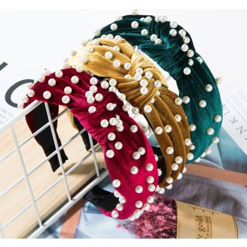 Simulated Pearl Hairband for Women Jewelry Trendy Pearl Velvet Knotted Cross WideHeadband Headwear Jewelry Winter Jewelry