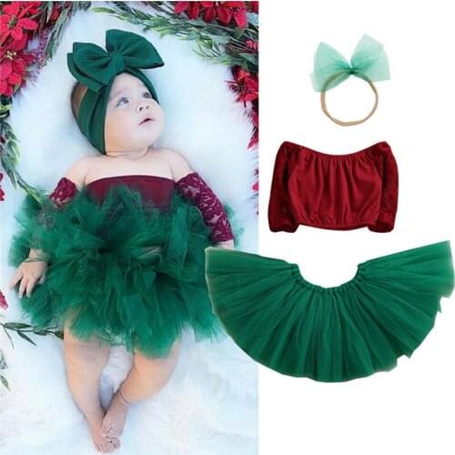 My 1st Christmas Toddler newborn baby girl clothes autumn Long Sleeve Solid Top+Lace Skirts Headband Outfits baby kleding meisje