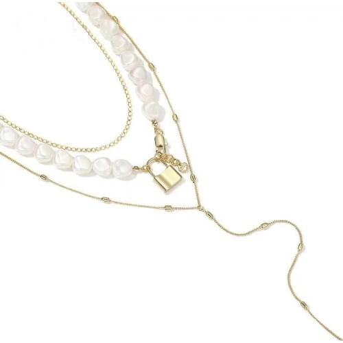 3 Pcs/Set Lock Pendant Imitation Pearl Necklace Choker Female 2019 New Style Fashion Jewelry Clavicle Chain Femme Gold Color