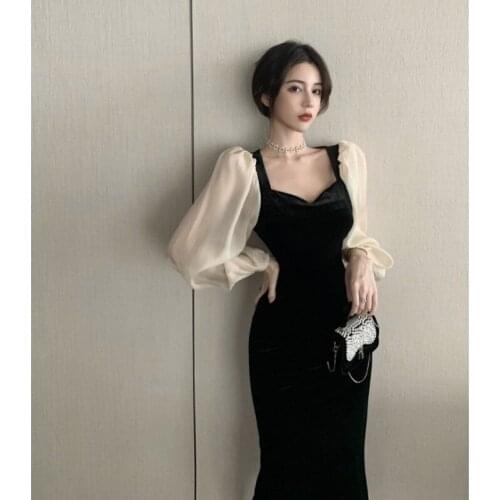 Retro Hong Kong Flavor V-neck Black Stitching Velvet Dress Female Autumn New Ladies High Waist Puff Sleeve Dresses for Women