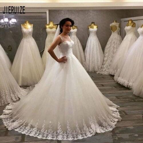 JIERUIZE Wedding Dresses O Neck Bride Dresses For Women A Line Ivory White Appliques Lace Up Wedding Gowns Vestido De Noiva