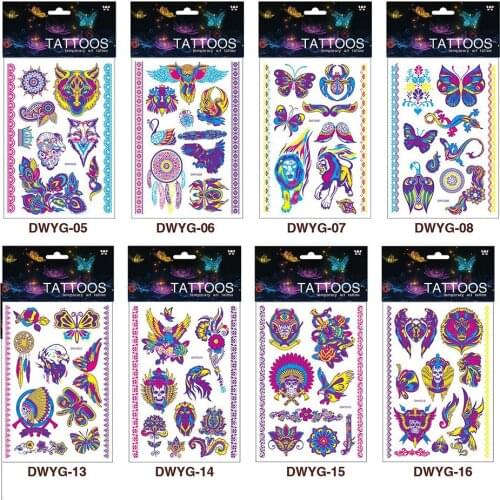 Luminous Animal Tattoo Sticker Tiger Owl Butterfly Waterproof Environmental Face Temporary Fluorescent Tattoo Stickers