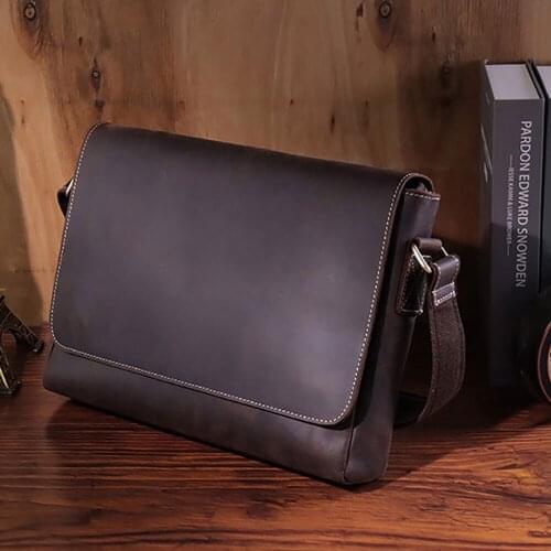 Vintage Genuine Leather Shoulder Bag For Men Crazy Horse Brown Male Sling Bags Retro Leisure Messenger Crossbody Briefcase