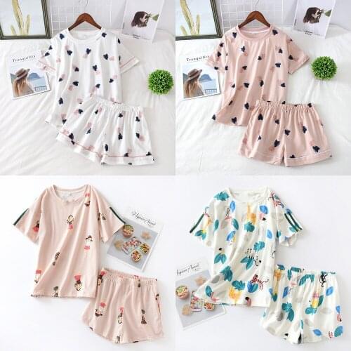 Womens 100% Cotton Short-sleeved Shorts in Summer Pajamas Cartoon Summer Sports and Leisure Two-piece Suits Can Be Worn Out