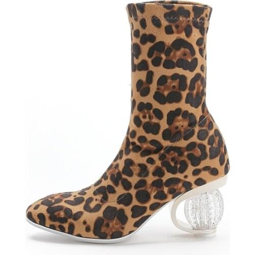 US4-11 Womens Leopard Mixed Colors Ankle Boots Stretchy Suede Leather Shoes Crystal Ball Heels Pull On Plus Size New