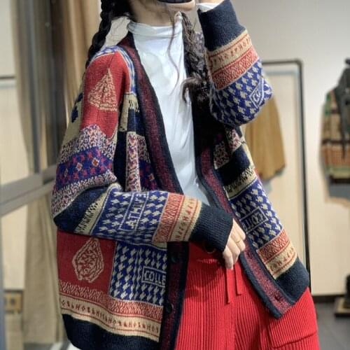 Spring and Autumn Leisure V-neck Knitted Sweater Cardigan Literary All-match National Tide Coat Sweater Women