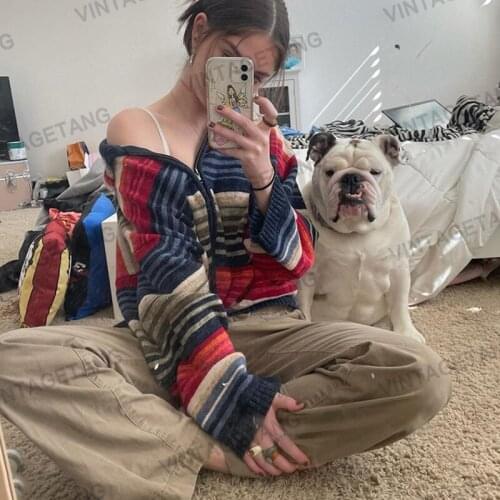 B-TOTO American Retro Color Striped Knitted Cardigan Womens Trendy Ins Spring And Autumn Thin Jacket 2021