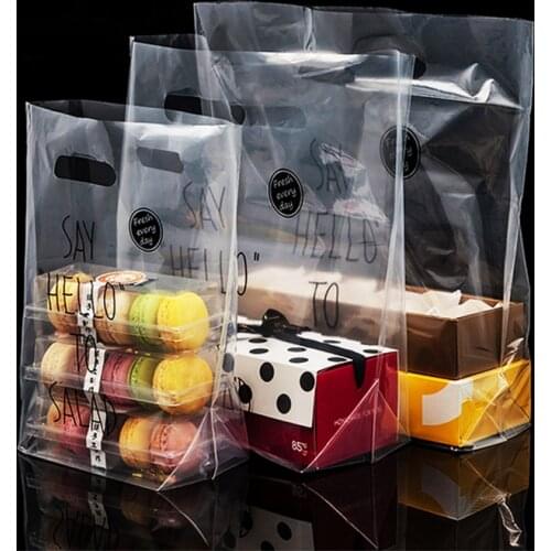 10pcs Transparent Plastic Bag With Handles Gift Packaging Bag Food Cookies Bread Supermarket Packing Bags Party Supplies