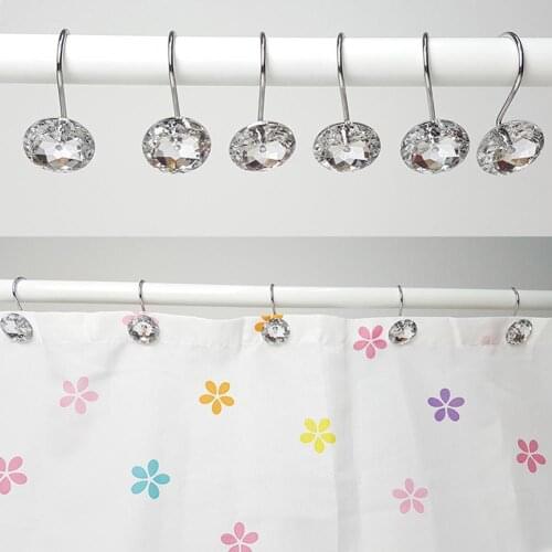 12Pcs Acrylic Round Shining Rhinestone Shower Curtain Hooks Bathroom Supplies