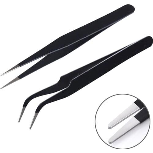 2Pcs/Set Stainless Steel Black Curved Straight Tweezers Nail Sticker Rhinestones Nipper Picking Tool Sequins Beads Nail Art Tool