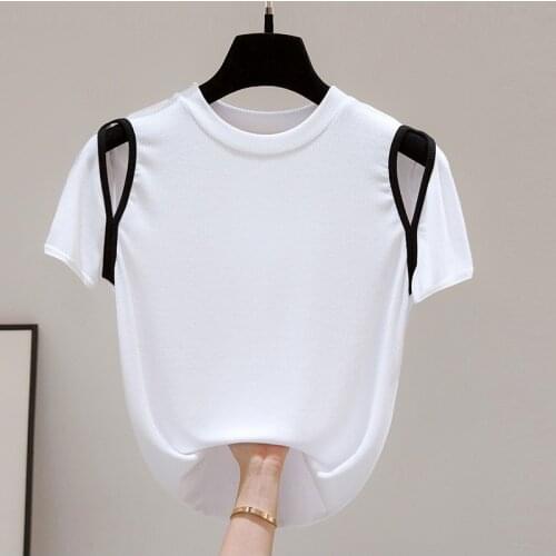 2021 Off Shoulder Patchwork Women Cotton T-Shirts Ladies Sexy Short Sleeve O-Neck White Gray Tshirts Feminine Summer S-XXL Tops
