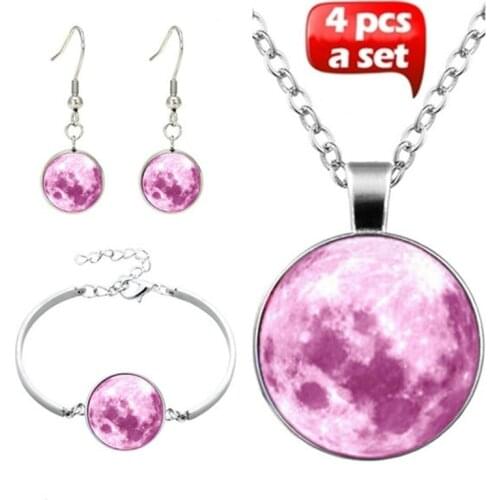 4Pcs/Set New Fashion Handmade Glass Full Moon Starry sky Pendant Choker Necklace Bracelet Earrings For Women Accessories