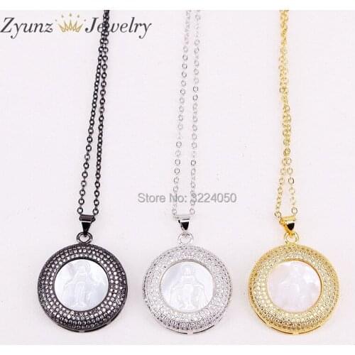 5PCS AZYZ302-6099 Virgin Mary Pattern Shell Sparkling CZ Pave Necklace for Women Pendant Metal Electroplated
