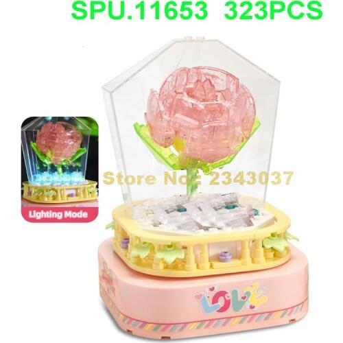 601154 323pcs Rose Flower Love Rotating Led Shining Music Box 2 Dolls Building Blocks Toy