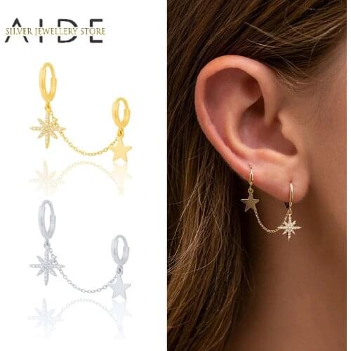 AIDE 1Pc 925 Sterling Silver Chain Hoop Earrings For Women Trendy Anise Star Ear Hanging Back Piercing Earings Jewery brincos