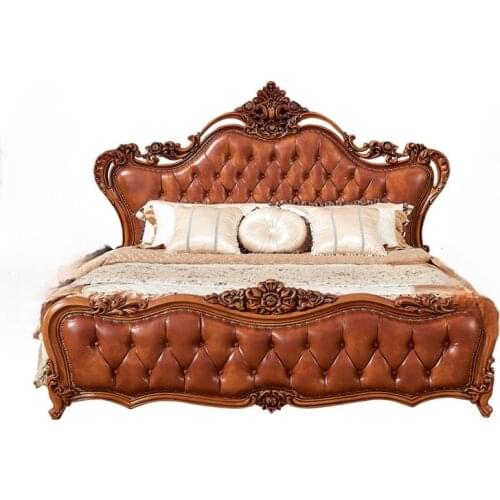 American European solid wood double bed 1.8m wedding bed carved idyllic retro dark queen bed